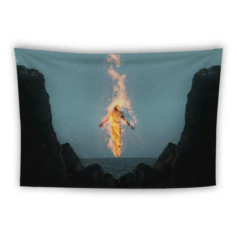 A figure engulfed in flames hovers above the ocean between two dark cliffs under a starry night sky. The burning figure's fiery glow contrasts sharply against the dark water and rock formations, creating a surreal and dramatic scene.