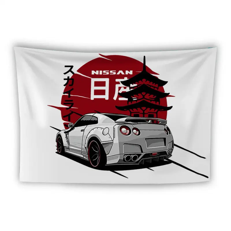 Illustration of a white Nissan GT-R in front of a stylized red sun and a traditional Japanese pagoda. Japanese characters and "Nissan" are written above the car, and additional Japanese text is placed vertically along the left side.