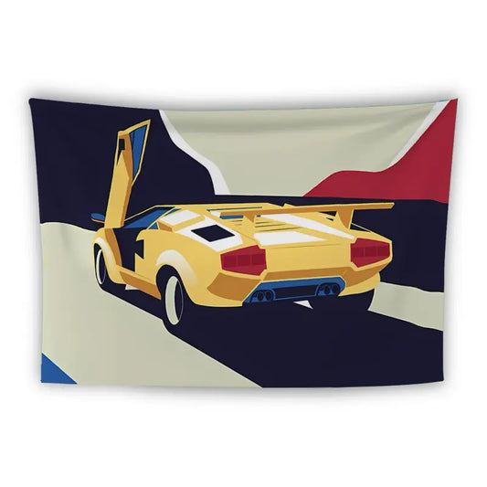 Artistic illustration of a yellow sports car with a spoiler and distinctive angular lines, depicted with vibrant colors. The car is shown from the rear with one of its scissor doors open, against a backdrop of abstract shapes in beige, black, red, and blue.