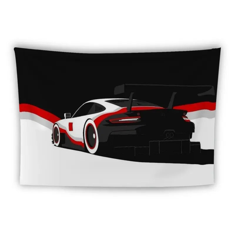 A minimalist illustration of a sleek race car viewed from the rear. The car has a prominent spoiler and is white with red and black accents. It's set against a black, white, and red abstract background.