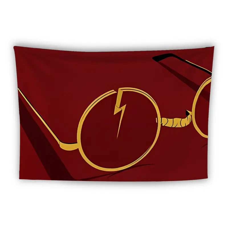 A maroon-colored background features a pair of round spectacles with a broken lens forming a lightning bolt shape. The temples of the glasses extend outwards. The design is minimalist, focusing on the glasses' distinct shape and the lightning bolt detail.