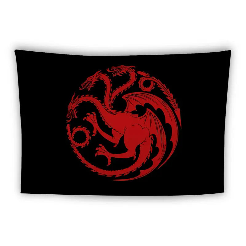 A black flag features a red three-headed dragon symbol in the center. The dragon's heads are positioned to the left, right, and top, with intricate detailing on the wings and tails.