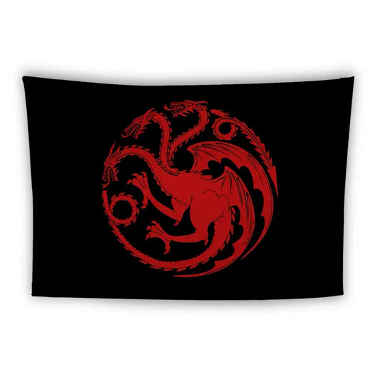 A black flag features a red three-headed dragon symbol in the center. The dragon's heads are positioned to the left, right, and top, with intricate detailing on the wings and tails.