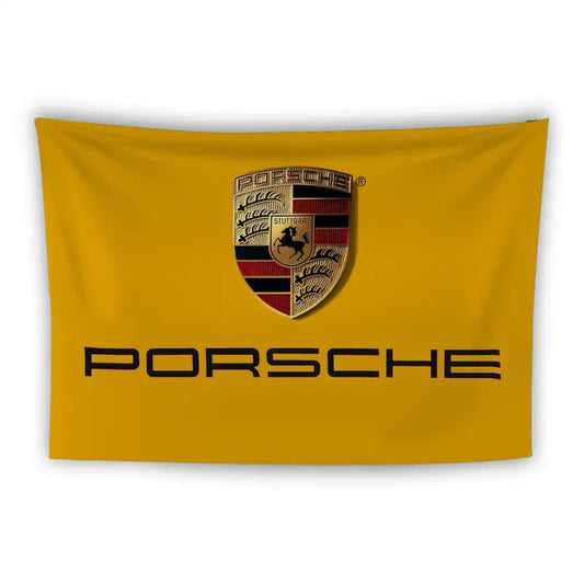 A rectangular yellow flag featuring the Porsche logo at the center. The logo consists of a black horse with the word "Stuttgart" on it inside a golden crest, with alternating red and black stripes and antlers. Below the logo, "PORSCHE" is written in black text.