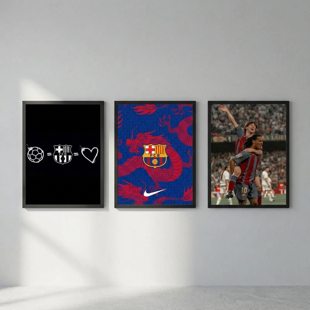 FC Barcelona 3-piece framed poster set with Celebration of Legends, Dragon Emblem and Love for the Game hung as a gallery wall