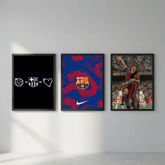 FC Barcelona 3-piece framed poster set with Celebration of Legends, Dragon Emblem and Love for the Game hung as a gallery wall