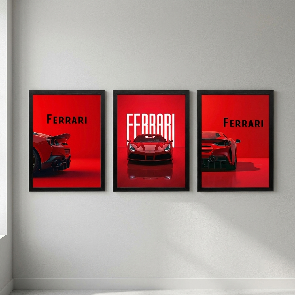 Ferrari 488 3-piece framed poster set with Icon of Performance, Legendary Elegance and Racing Legend hung as a gallery wall
