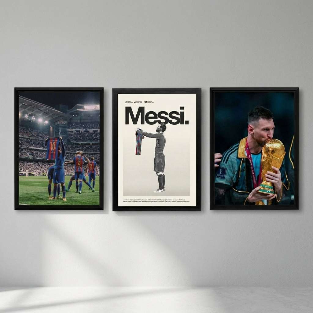 Messi 3-piece framed poster set with Celebration in Barcelona Colors, Golden Glory and The Art of Greatness hung as a gallery wall