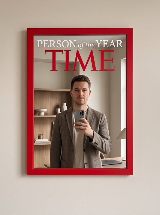 Red wood-framed wall mirror styled as a Person of the Year magazine cover