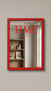 Red-framed Person of the Year magazine cover mirror hanging above a wooden shelving nook