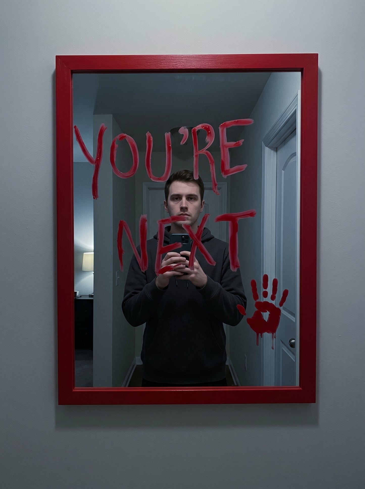Red wood-framed wall mirror with dripping red You're Next horror lettering and a red handprint