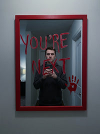 Red wood-framed wall mirror with dripping red You're Next horror lettering and a red handprint