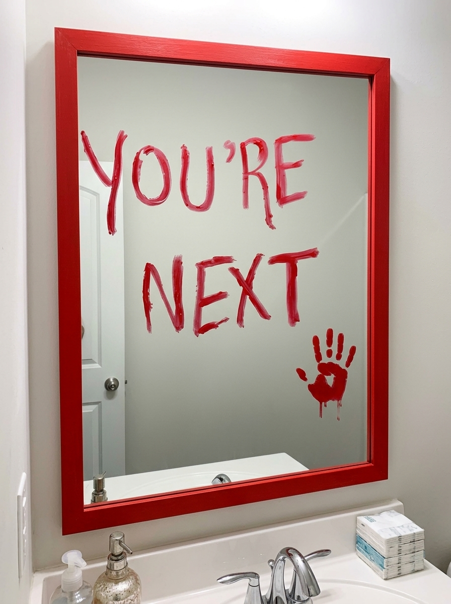 Angled bathroom view of red-framed You're Next horror mirror with red handprint detail