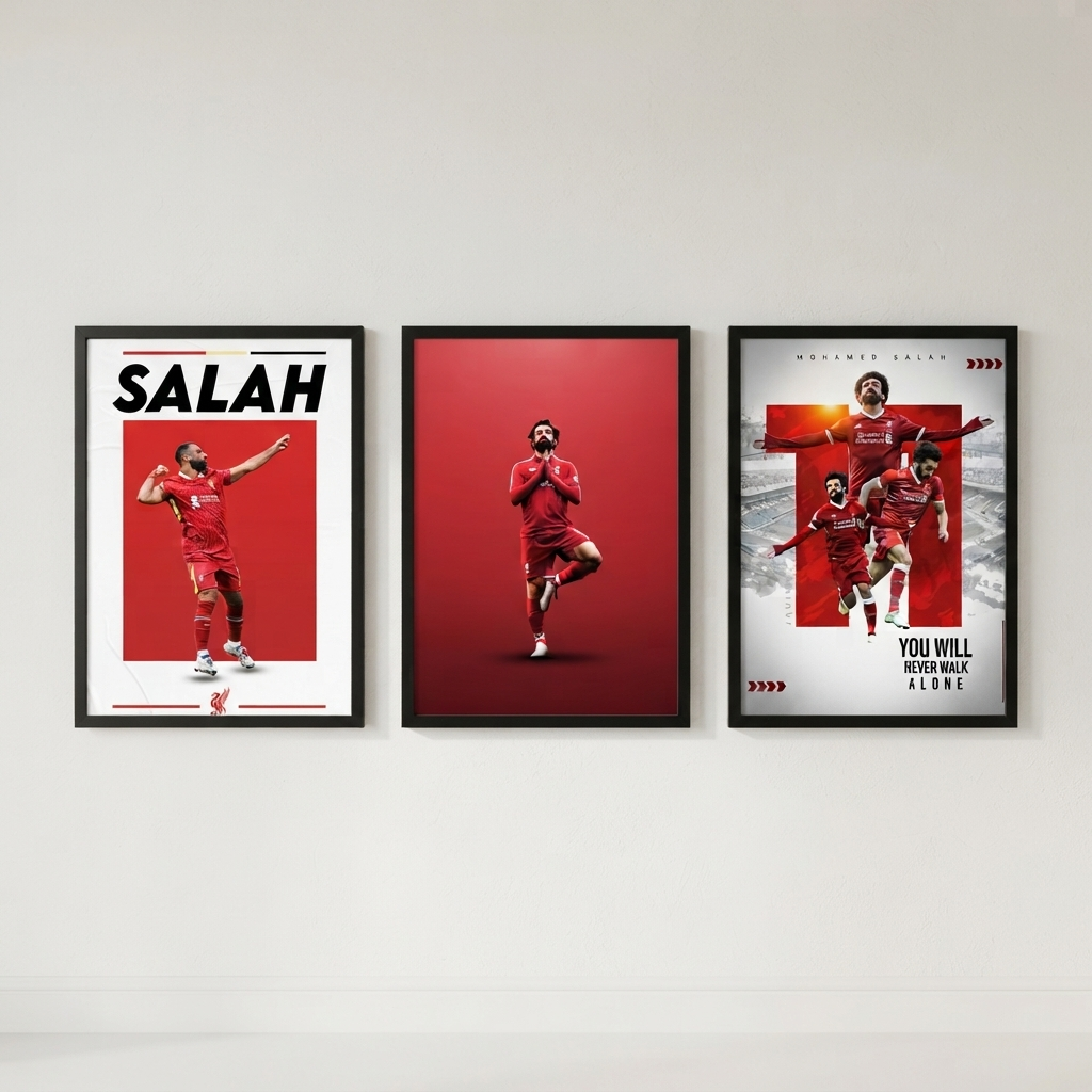 Mo Salah 3-piece framed poster set with Red Glory, The Master of Celebration and You Will Never Walk Alone hung as a gallery wall