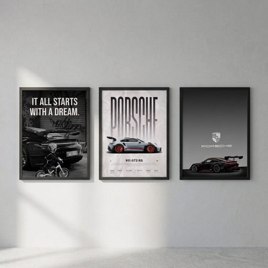 Porsche 3-piece framed poster set with 911 GT3, Dream and Perfection artwork hung as a gallery wall
