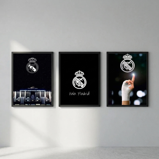 Real Madrid 3-piece framed poster set with Grasping Victory, Midnight Majesty and Pure Passion hung as a gallery wall