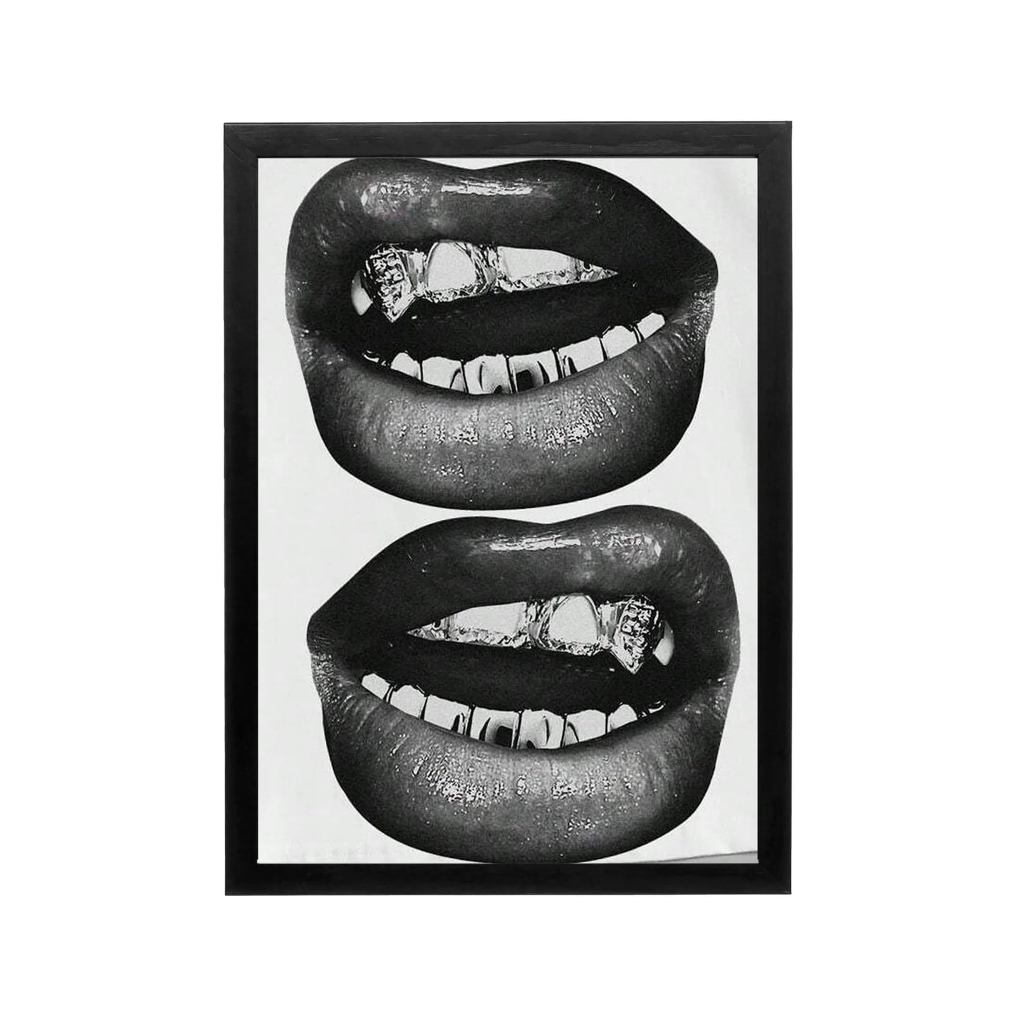 Black and white lips poster with glossy texture and bold contrast, minimalist editorial wall art for modern spaces