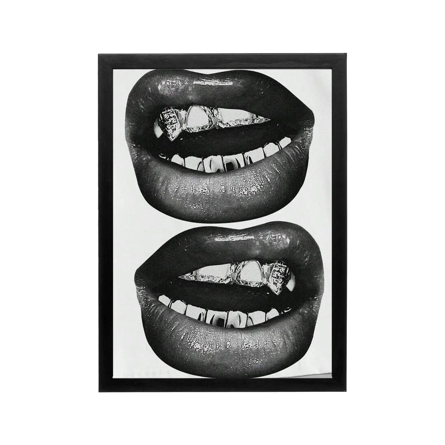 Black and white lips poster with glossy texture and bold contrast, minimalist editorial wall art for modern spaces