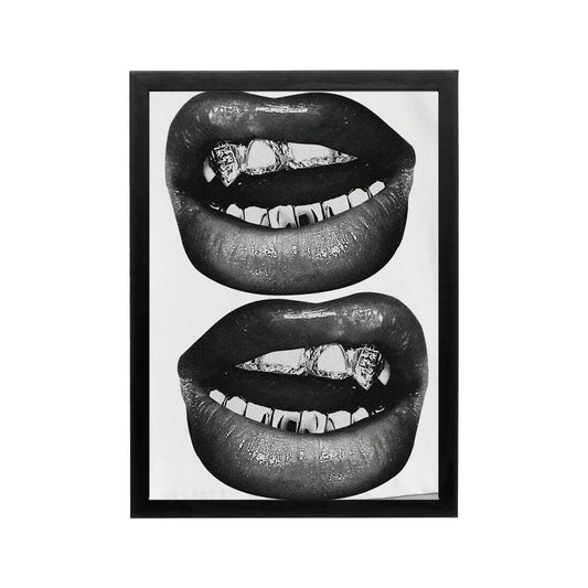 Black and white lips poster with glossy texture and bold contrast, minimalist editorial wall art for modern spaces