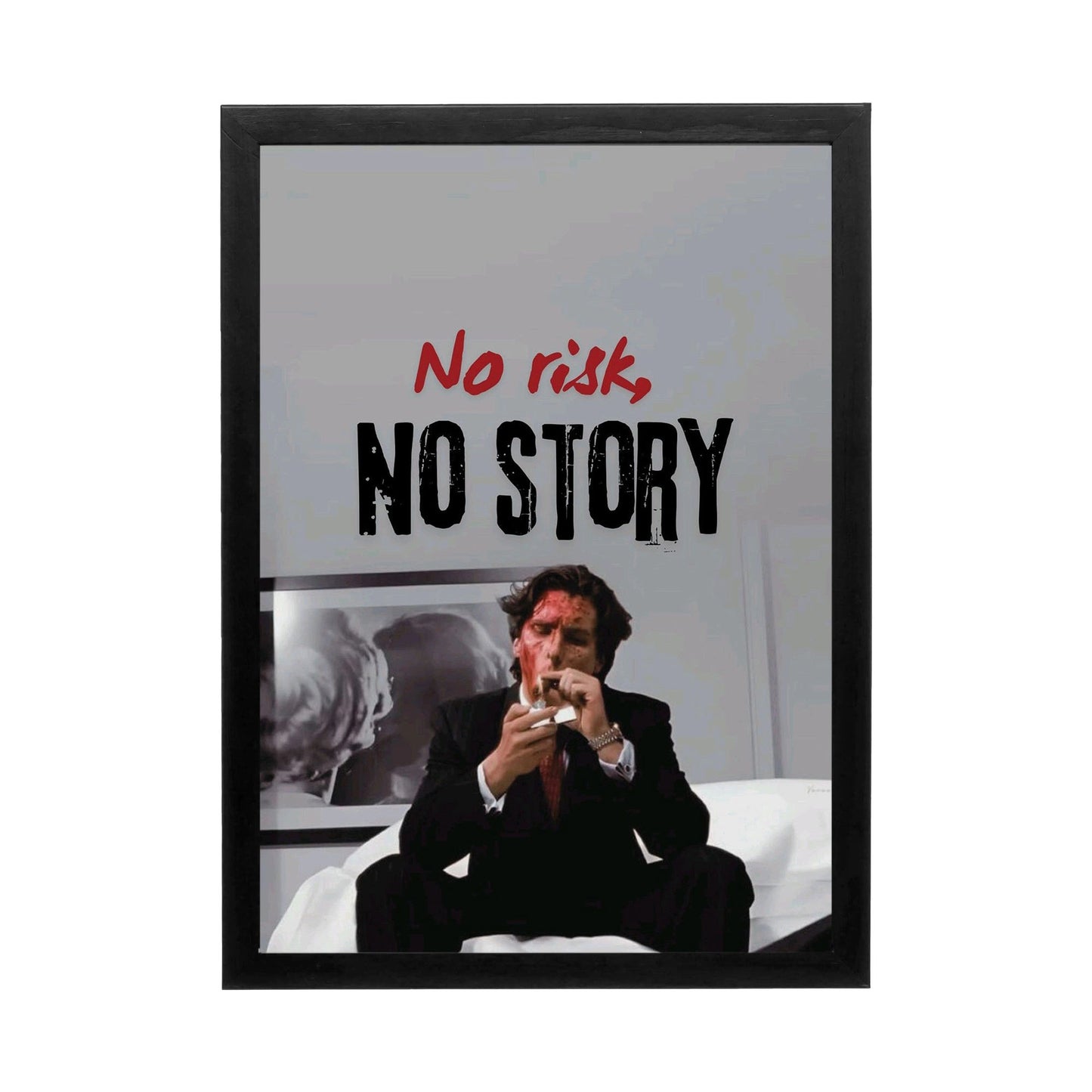 Wall art featuring dramatic lighting with bold typography saying 'No risk, No Story', perfect for a home office.