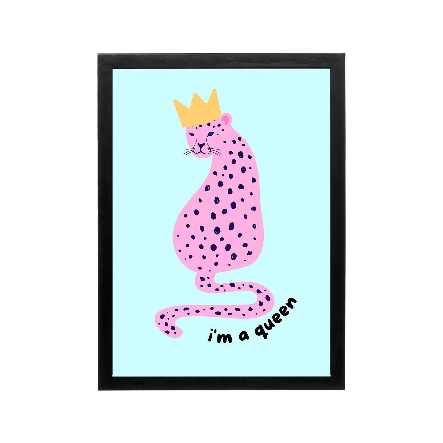 Pink spotted leopard with crown and i’m a queen text on aqua background, preppy Y2K wall art for bedroom or dorm