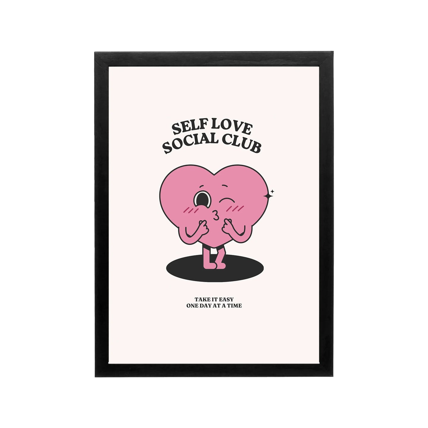 Pink self love social club poster with black retro typography and cute heart on blush background for bedroom or dorm