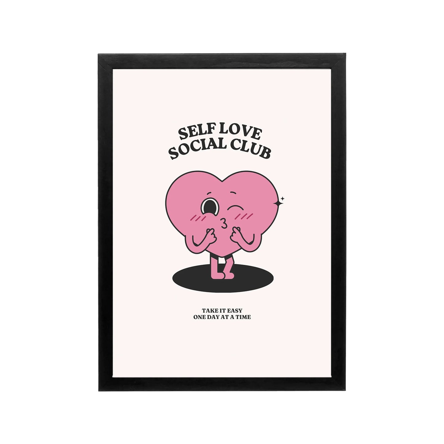 Pink self love social club poster with black retro typography and cute heart on blush background for bedroom or dorm
