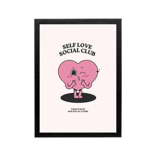 Pink self love social club poster with black retro typography and cute heart on blush background for bedroom or dorm
