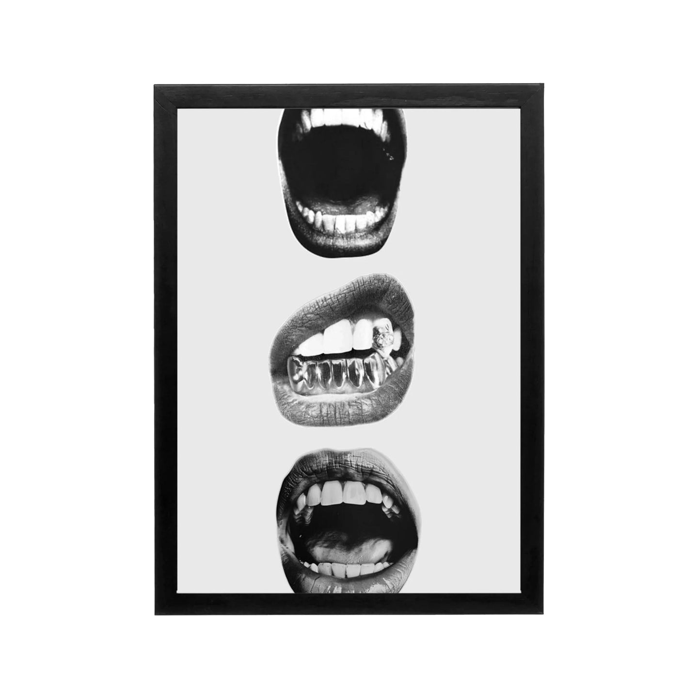 Black and white triptych mouth portrait framed as minimalist editorial wall art for modern living room decor