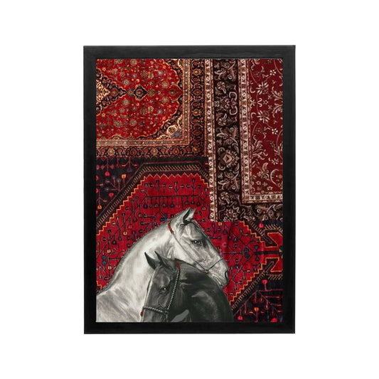 Red and burgundy carpet patterns with two horses in the foreground, Arabian decor wall art in Islamic ornamental style for a refined majlis.