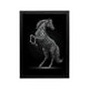 Silver Arabic calligraphy shaped stallion on black background with modern frame for a luxurious majlis or prayer corner.
