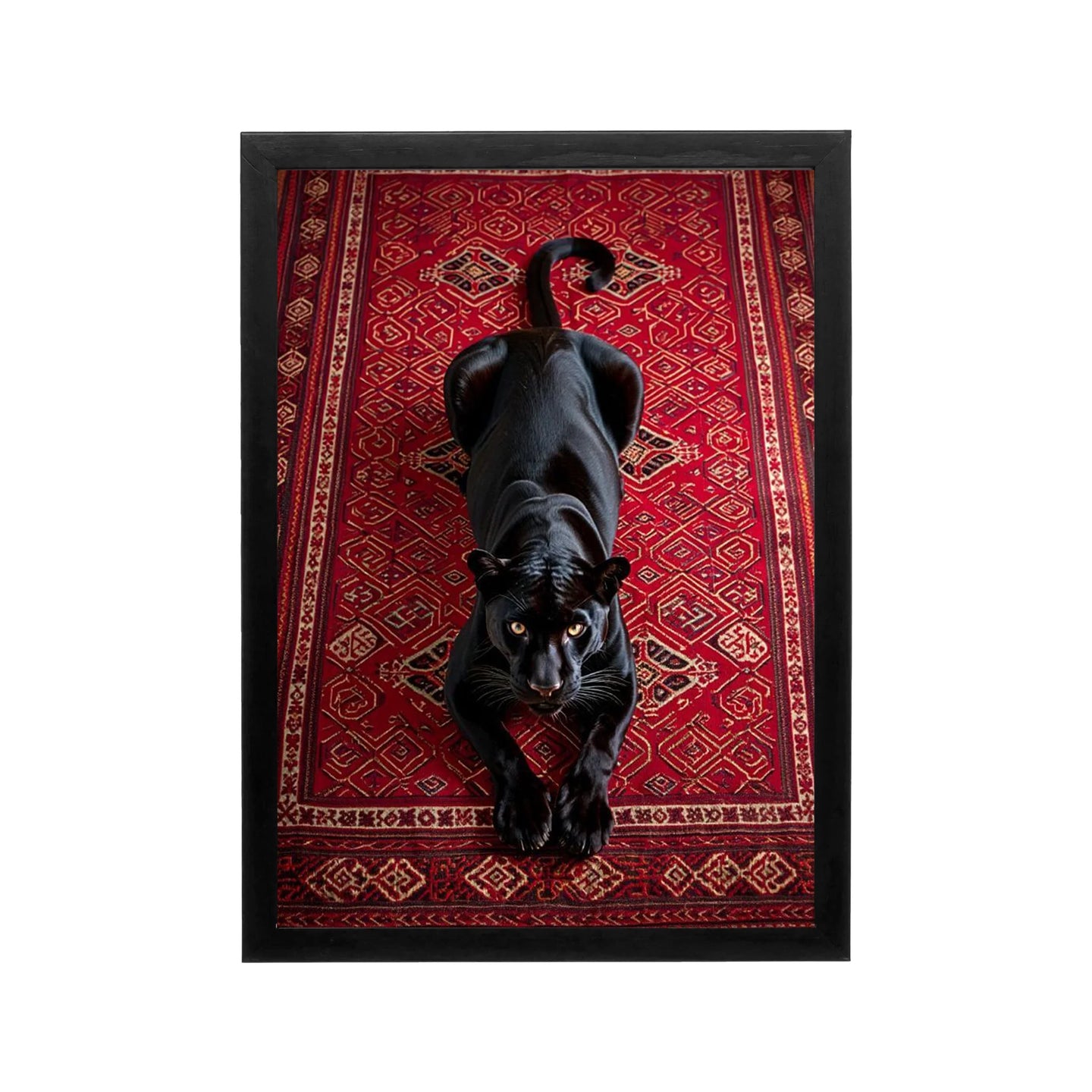 Black panther on crimson rug with Arabian decor in regal Islamic art style, ideal for a refined majlis or dining space.
