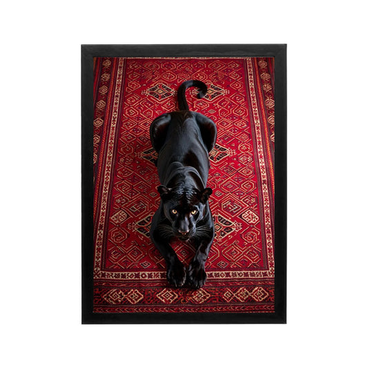 Black panther on crimson rug with Arabian decor in regal Islamic art style, ideal for a refined majlis or dining space.