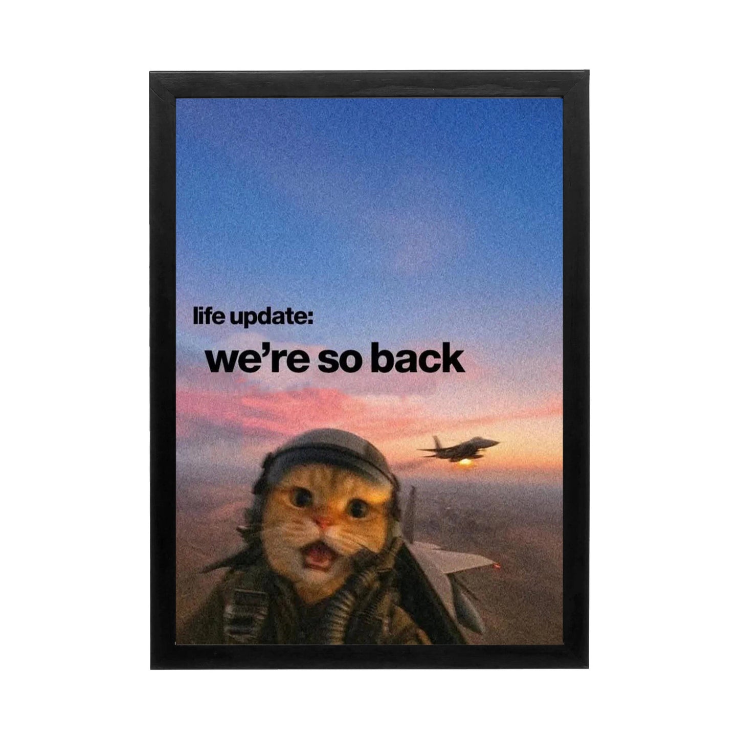 Whimsical cat aviator wall art with twilight colors, ideal for an inspiring home office or creative workspace.