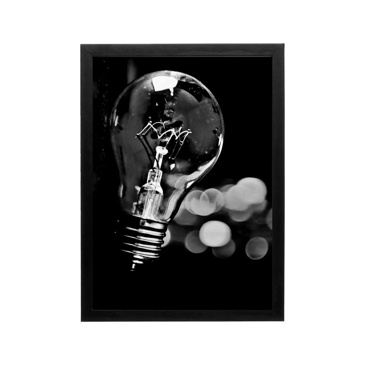 Black and white framed light bulb print with deep contrast and minimalist style for modern living room or office