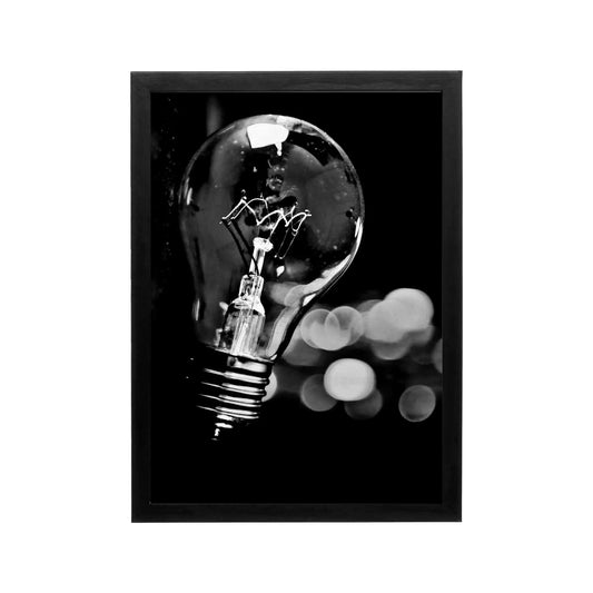 Black and white framed light bulb print with deep contrast and minimalist style for modern living room or office
