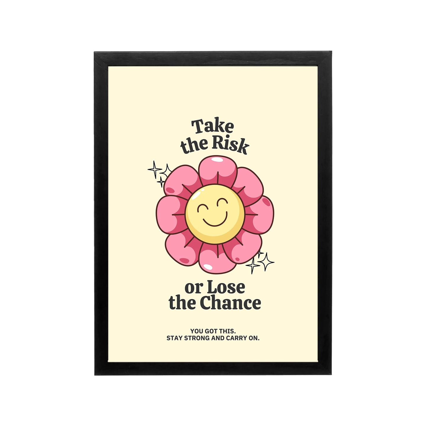 Pink smiley flower poster with Take the Risk text, cream background, retro typography, preppy Y2K wall art for dorm or vanity