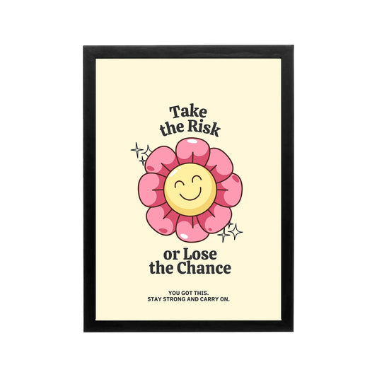 Pink smiley flower poster with Take the Risk text, cream background, retro typography, preppy Y2K wall art for dorm or vanity