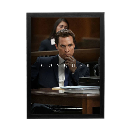 Wall art featuring a focused man in a suit with the word 'CONQUER', perfect for a modern office or workspace.