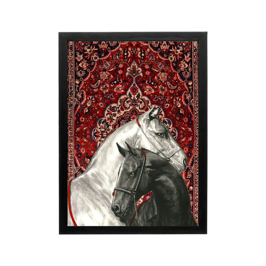 Black and white horse art against a rich red Persian backdrop for luxurious Ramadan living room decor.