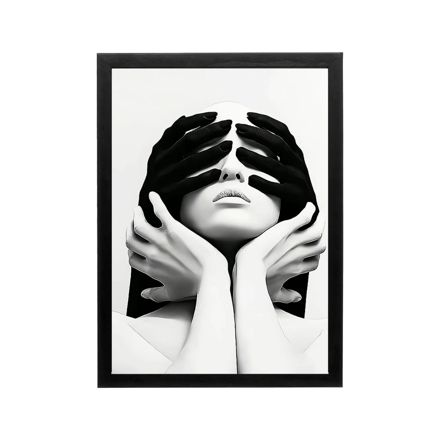 Black and white framed portrait with hands covering a face, minimalist editorial wall art for modern living rooms or offices