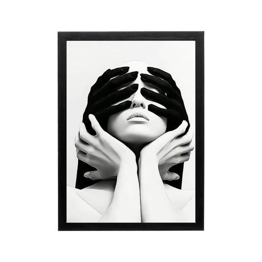 Black and white framed portrait with hands covering a face, minimalist editorial wall art for modern living rooms or offices