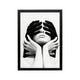 Black and white framed portrait with hands covering a face, minimalist editorial wall art for modern living rooms or offices
