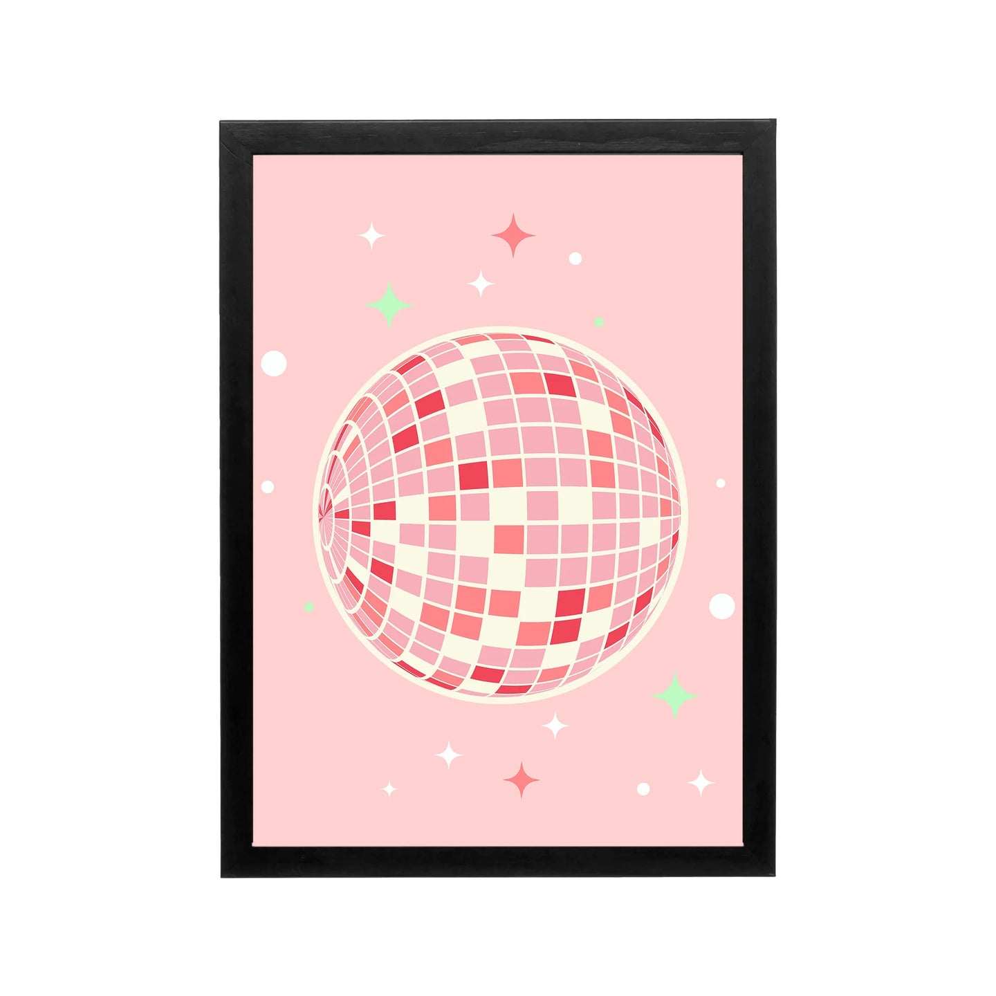 Pink disco sphere wall art with sparkles in preppy Y2K style for bedroom, dorm, vanity, or workspace