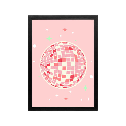 Pink disco sphere wall art with sparkles in preppy Y2K style for bedroom, dorm, vanity, or workspace