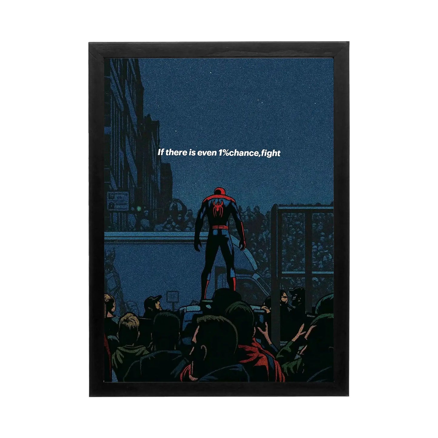 Stylized wall art featuring a heroic figure with blue lighting, perfect for an inspiring workspace.