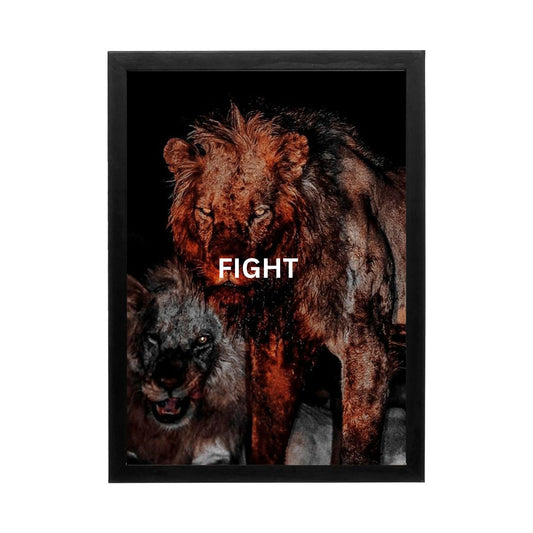 A dramatic wall art featuring two fierce lions in red and black tones, perfect for a motivational office or gym.