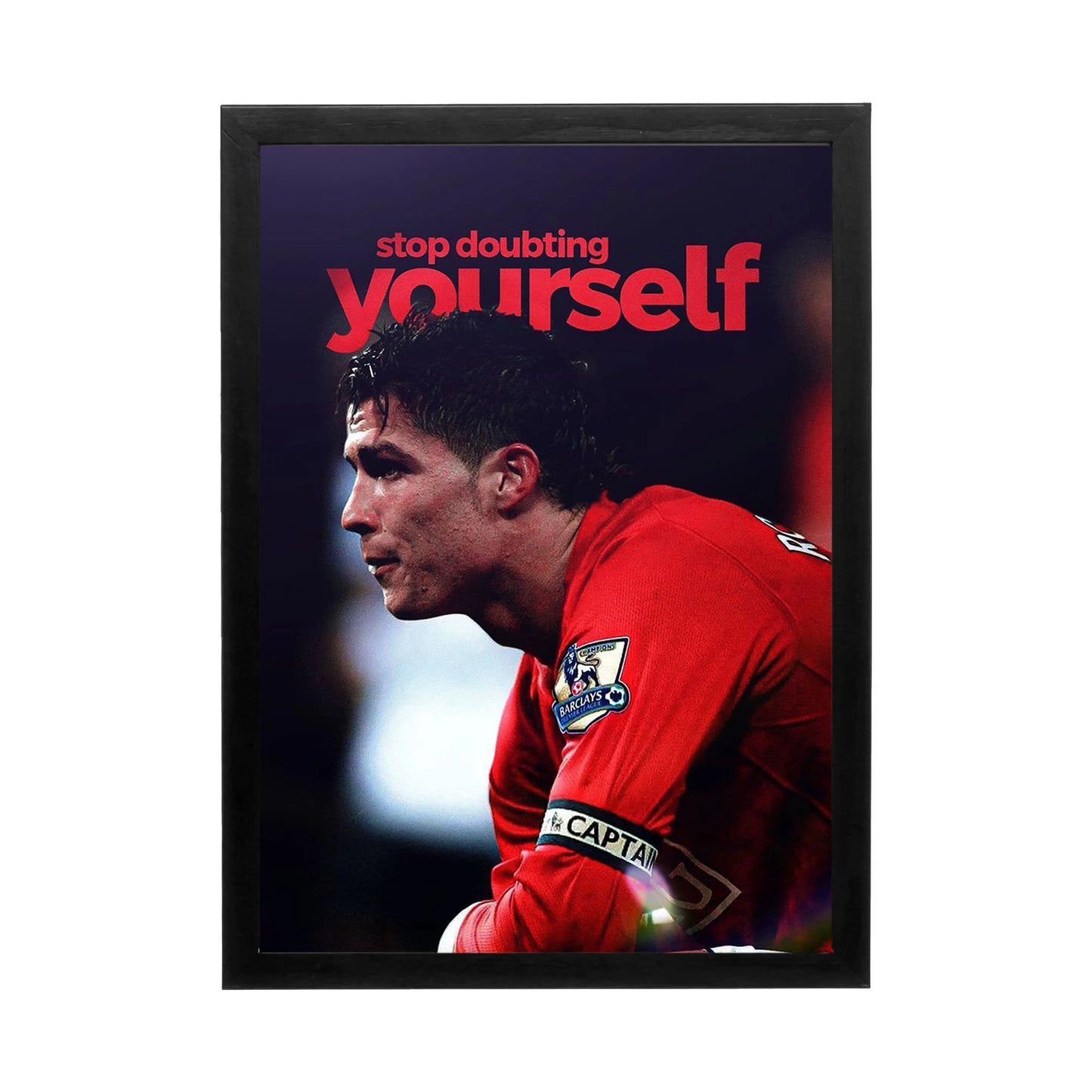 Cristiano Ronaldo wall art with intense lighting and motivational quote for a high-performance office or personal gym.