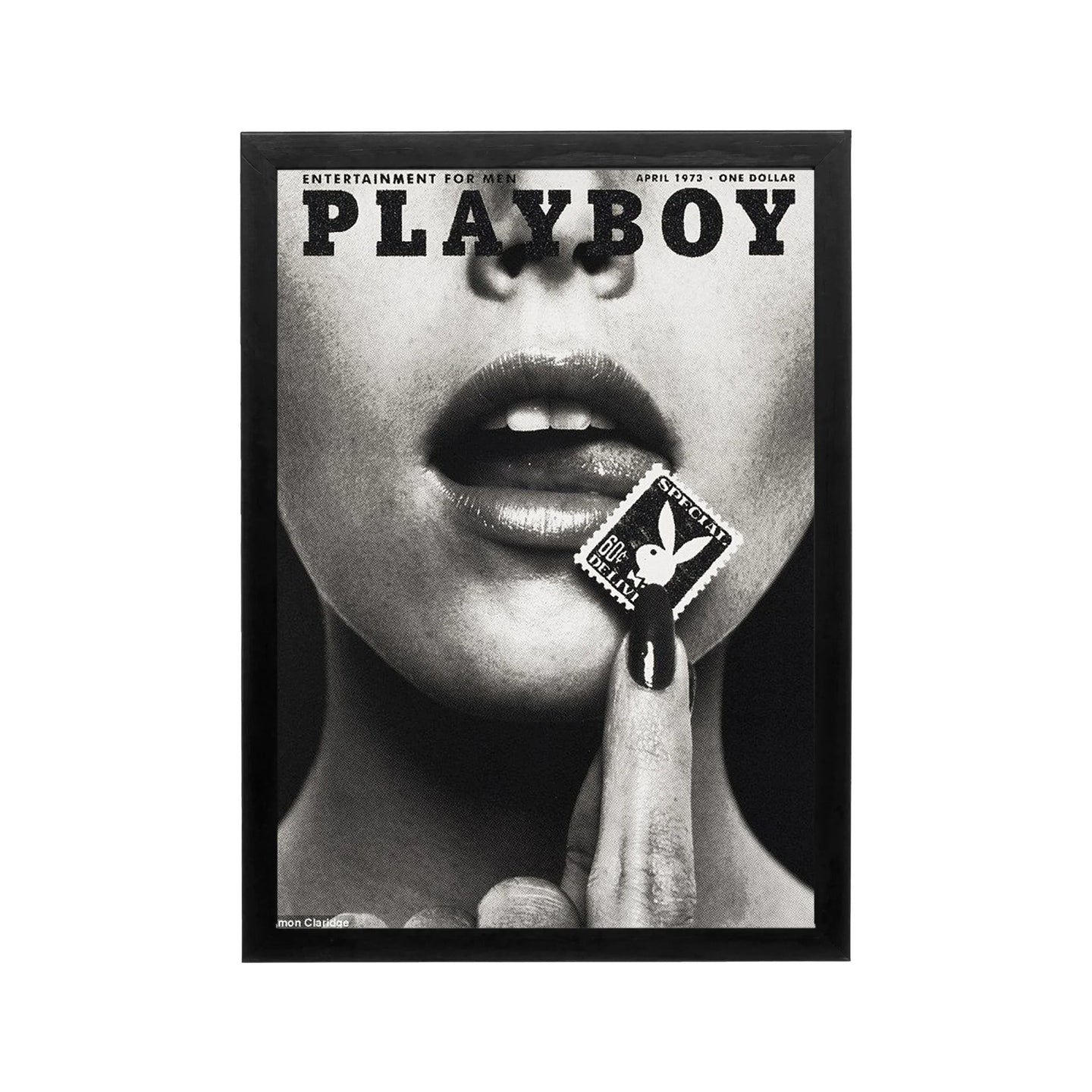Framed black and white Playboy cover art with bold contrast and vintage editorial style for modern wall decor