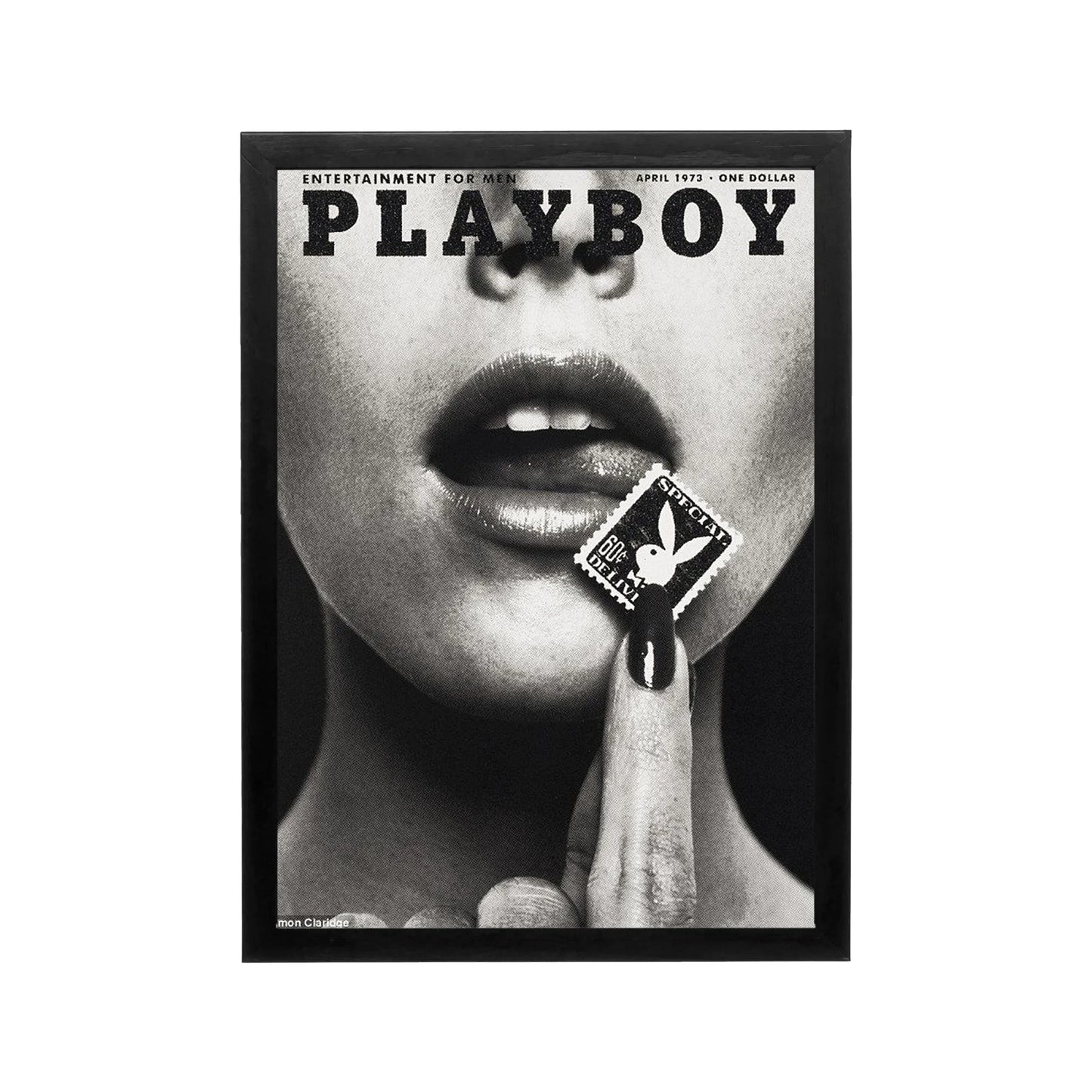 Framed black and white Playboy cover art with bold contrast and vintage editorial style for modern wall decor